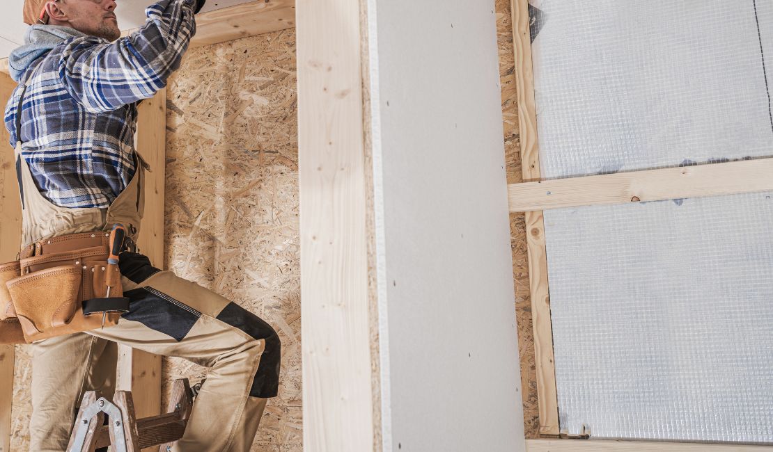 A construction worker wearing a tool belt stands on a step ladder, installing drywall in a building under construction.