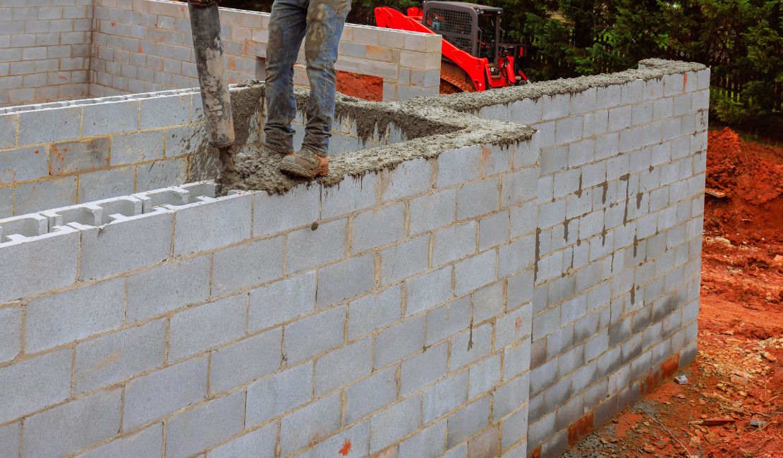 Builder standing on a concrete block wall pouring cement into the top, with construction equipment and dirt in the background.