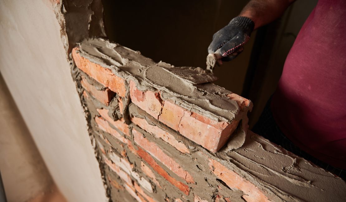 A person wearing a glove spreads wet cement onto a brick wall using a trowel during construction.