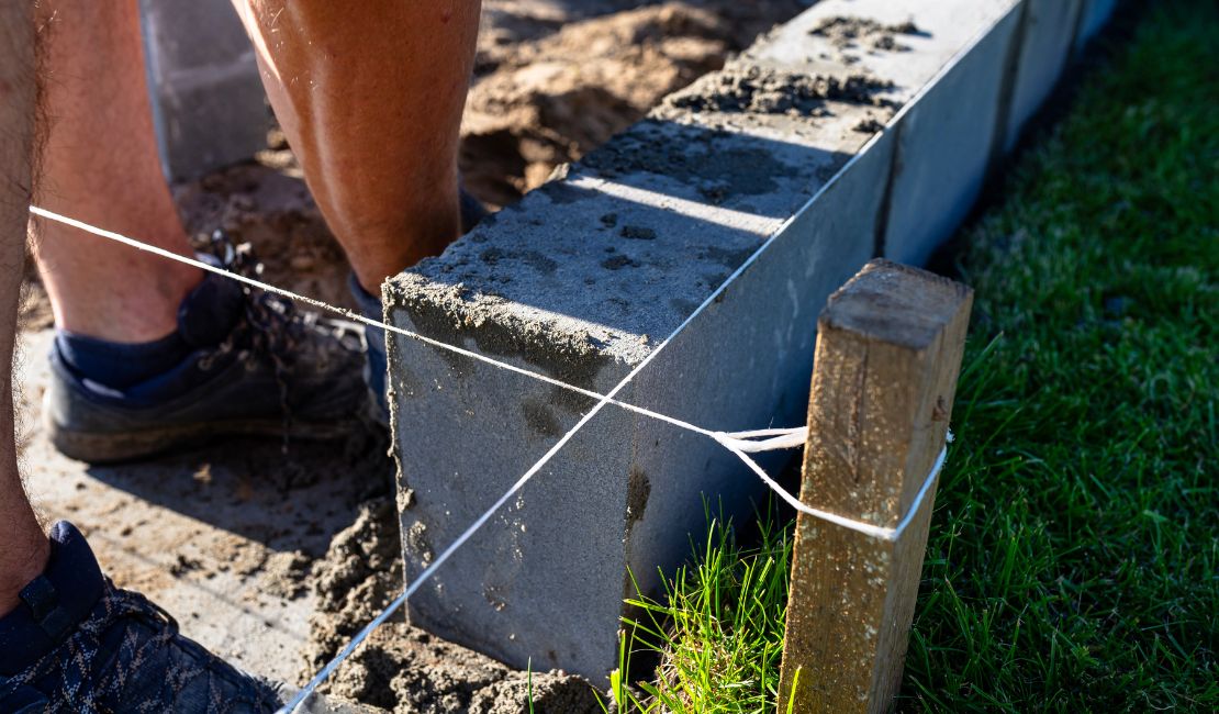 A person working on laying concrete blocks for a wall, with string lines for alignment and a wooden stake on grassy ground.